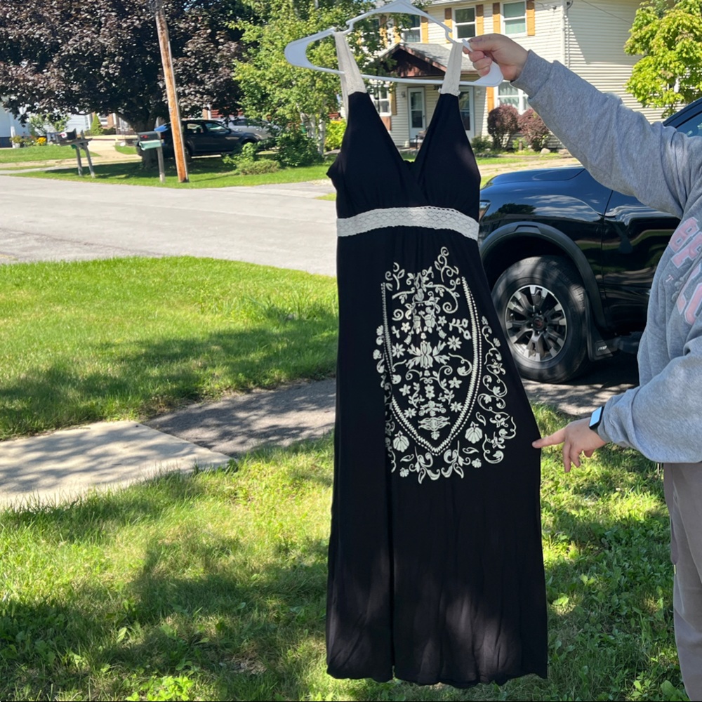 Black Maxi Dress with White Embroidery
